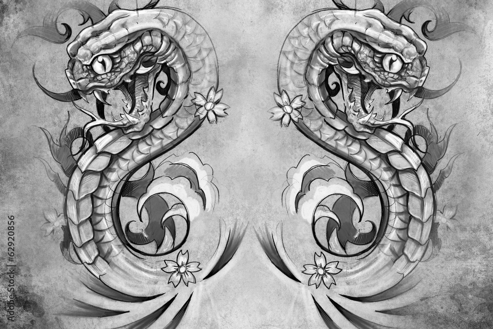 snakes. Tattoo design over grey background. textured backdrop. A