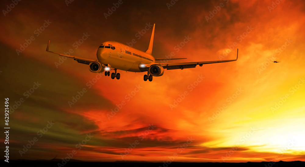 Passagierflugzeug landet am Abend