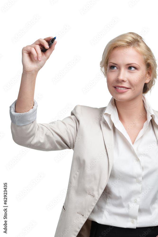 Business woman writing on the invisible screen Business woman writing on the invisible screen