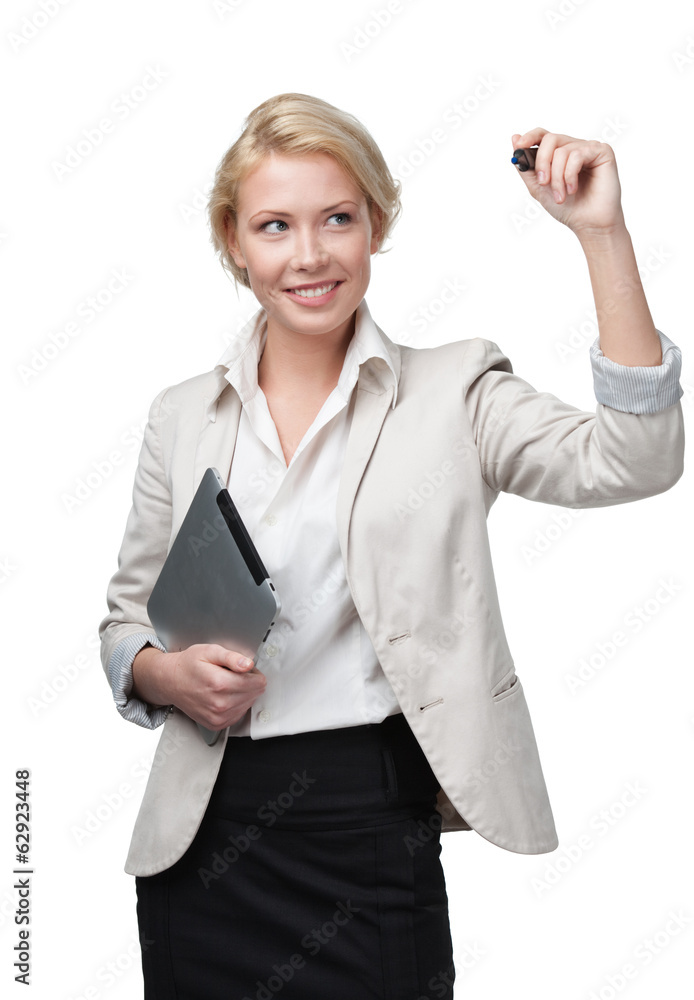 Businesswoman with pad writing on the invisible screen Businesswoman with pad writing on the invisible screen