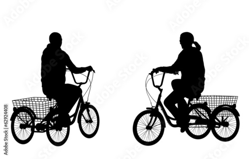 young woman riding tricycle silhouettes - vector