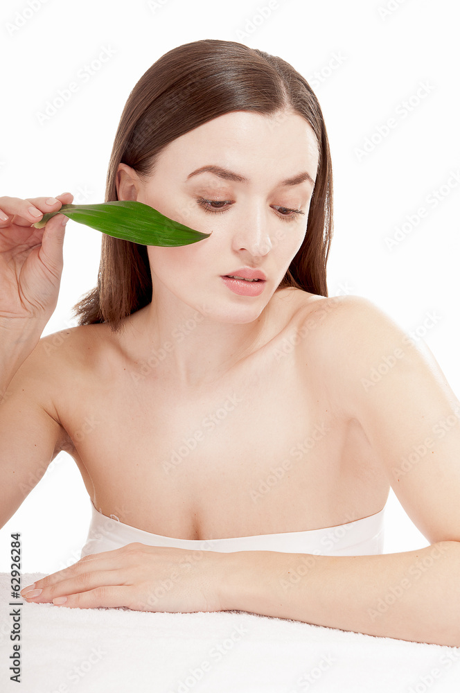 Woman with well-groomed skin near organic cosmetics - isolated o Woman with well-groomed skin near organic cosmetics - isolated o