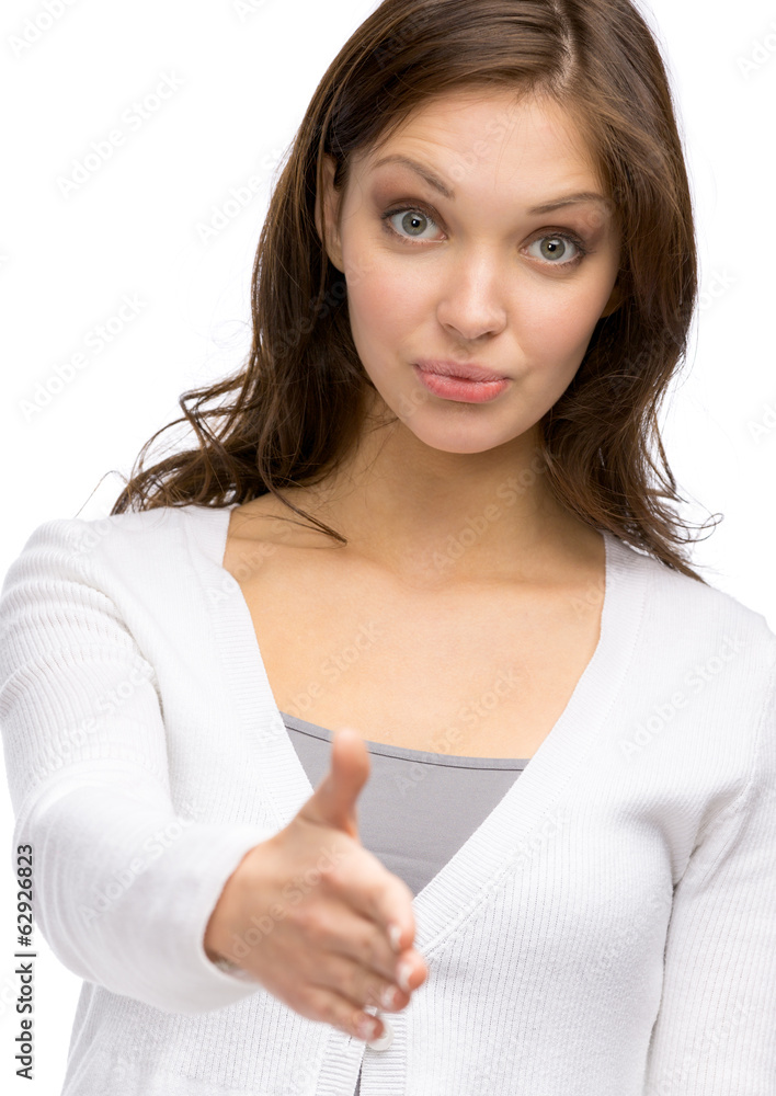 Portrait of woman handshake gesturing, isolated Portrait of woman handshake gesturing, isolated