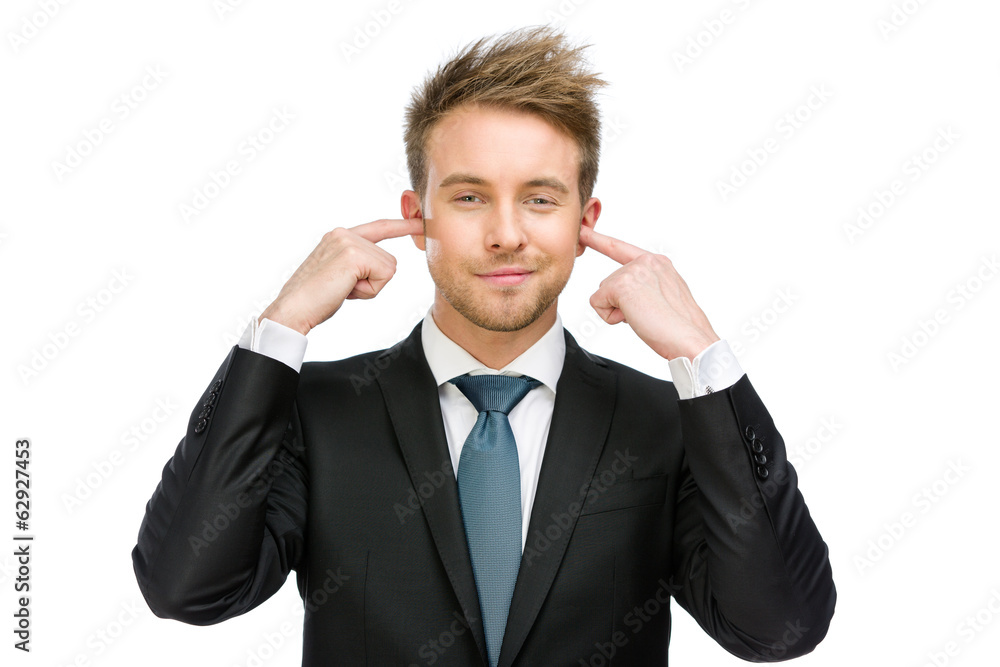 Half-length portrait of manager closes his ears Half-length portrait of manager closes his ears
