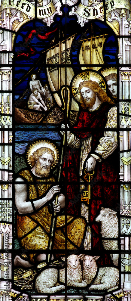 St. Peter and Jesus with keys, in stained glass.