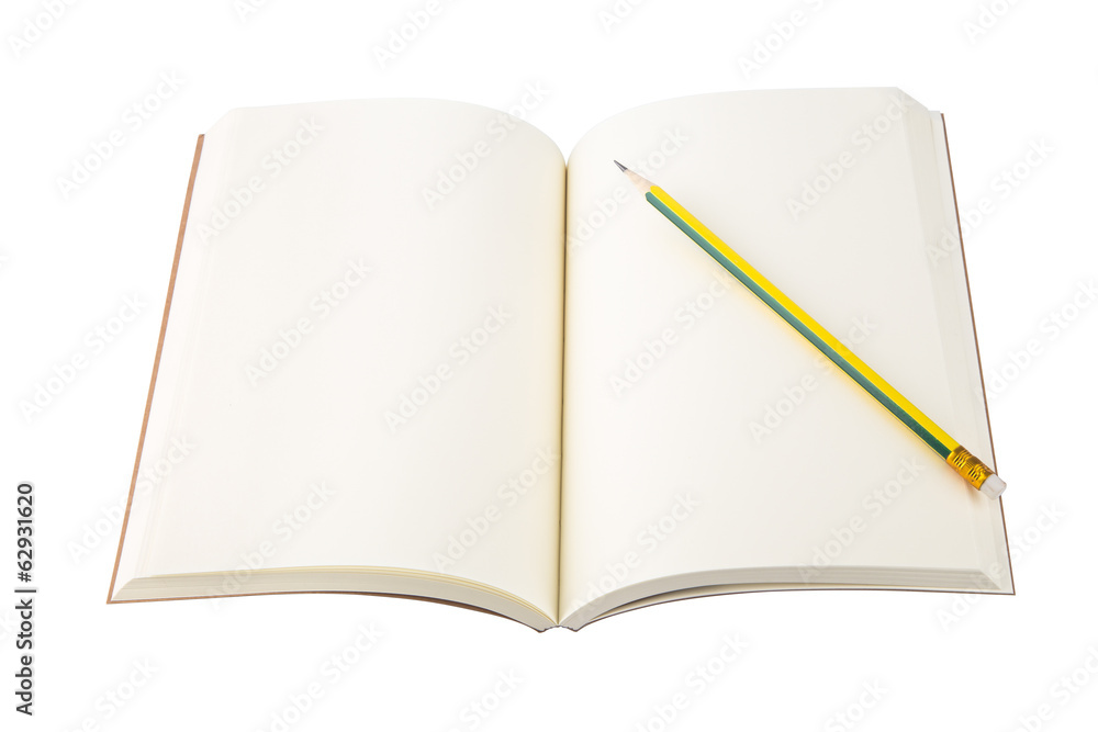 Blank open notebook and pencil on white background. Blank open notebook and pencil on white background.