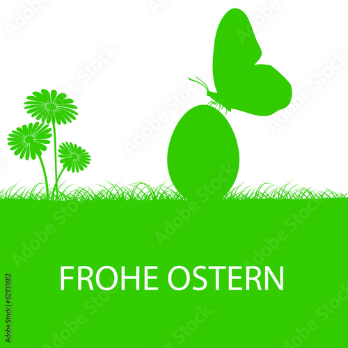 Frohe Ostern - Gras, Ei, Schmetterling und Gänseblümchen