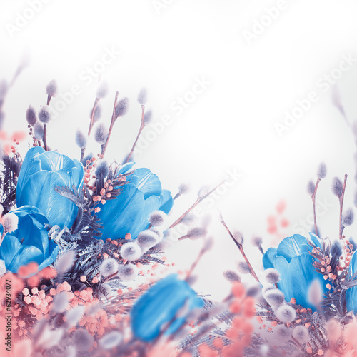 Fototapeta Naklejka Na Ścianę i Meble -  Blue tulips with mimosa, spring background