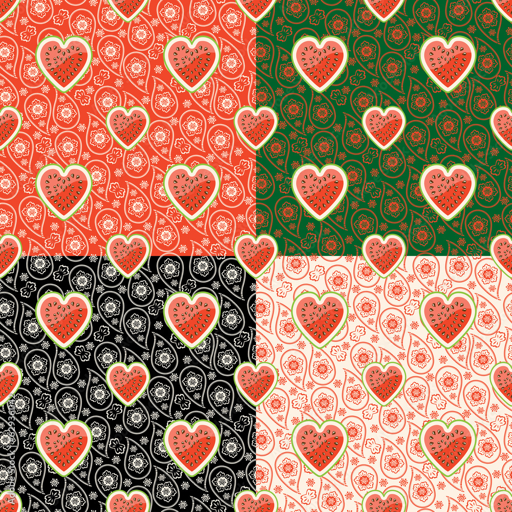 Halves watermelon and Paisley ornament.Seamless pattern set Halves watermelon and Paisley ornament.Seamless pattern set