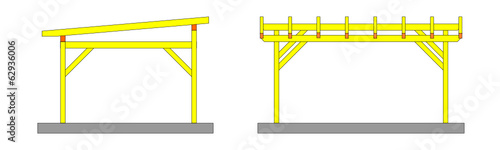 Two sketches yellow wooden pergolas with no covering - vector