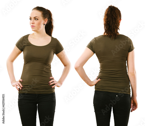 Woman wearing blank olive green shirt