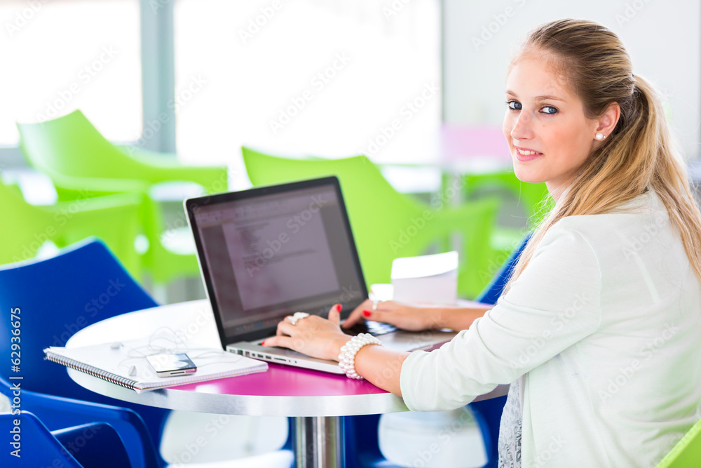 On campus - pretty, female student with books and laptop On campus - pretty, female student with books and laptop