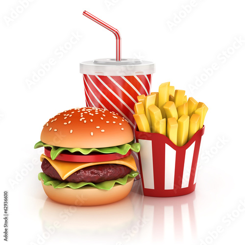 fast food hamburger, fries and soft drink 3d illustration