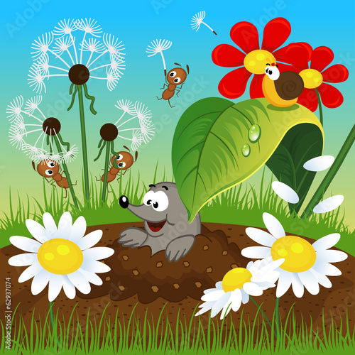 mole in the ground and insects  - vector illustration