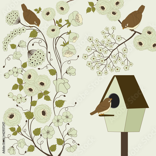 Branch in bloom with birds and cages