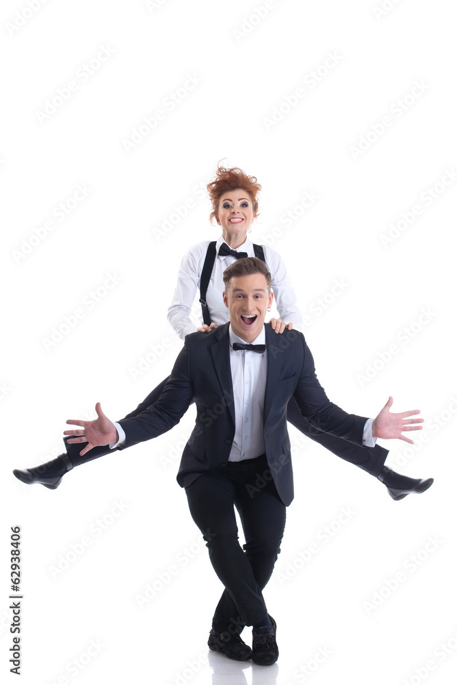 Cheerful flexible businessmen isolated on white