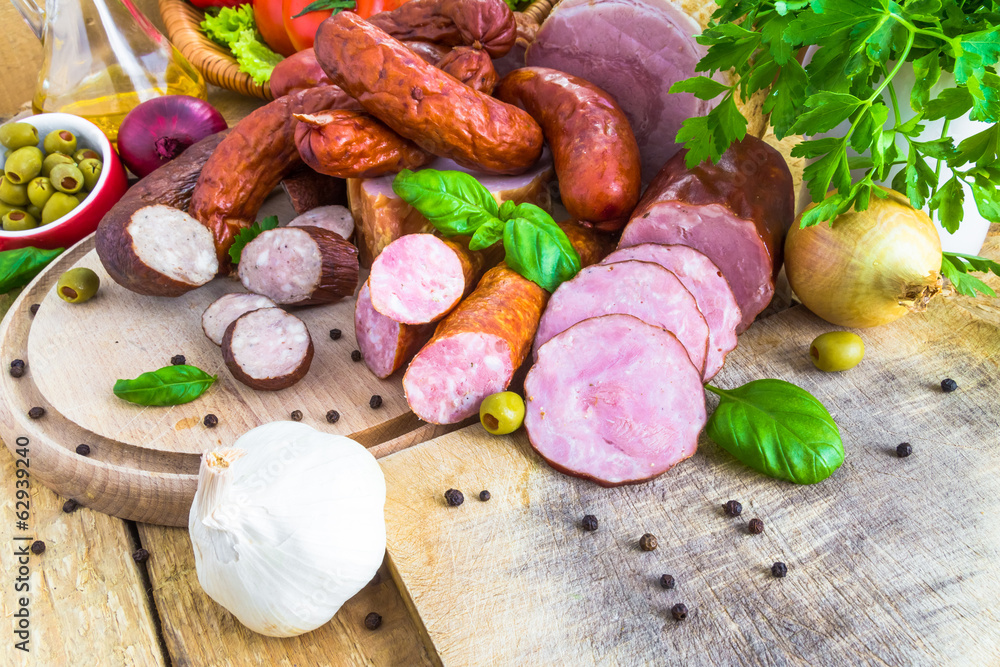 assortment meats sausage bacon green assortment meats sausage bacon green