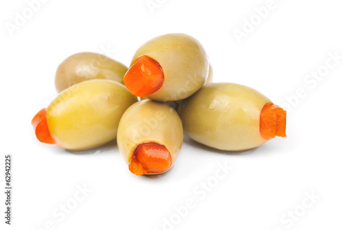 stuffed green olives   isolated on white   background