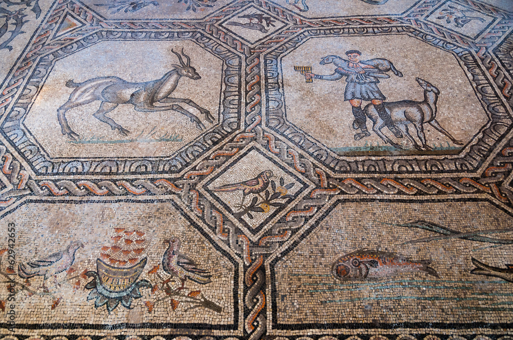 Animal and people mosaics inside Basilica di Aquileia