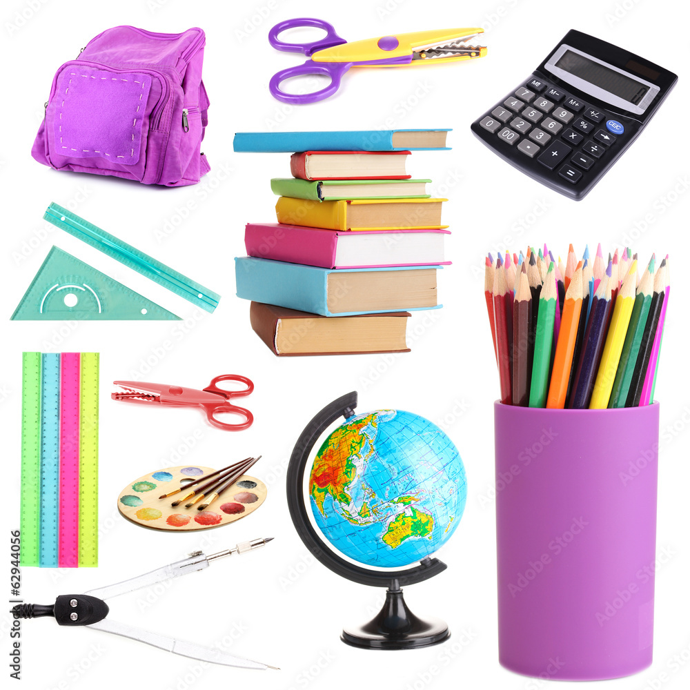 Naklejka premium Collage of school supplies isolated on white