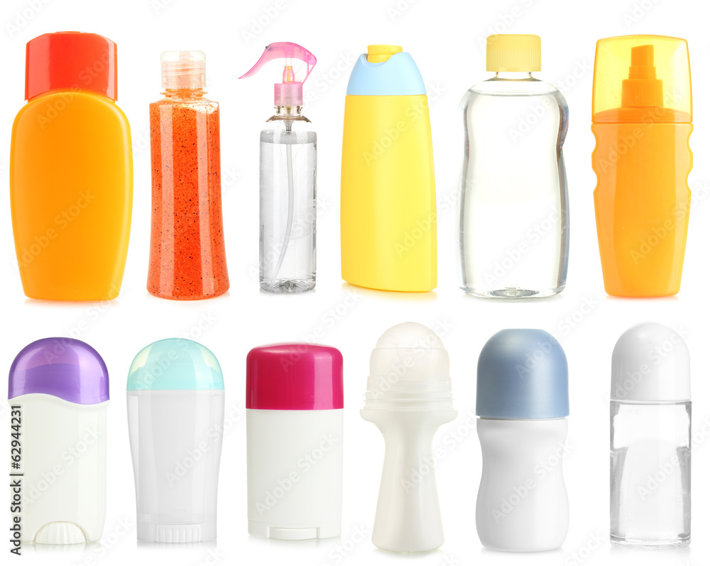 Collage of cosmetic bottles isolated on white Collage of cosmetic bottles isolated on white
