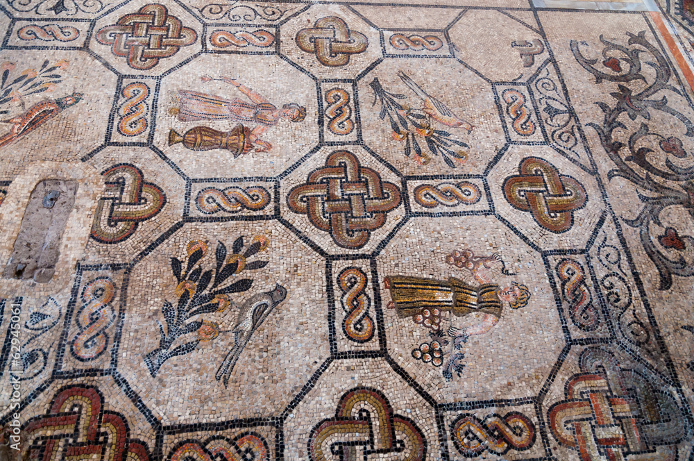 Ladies and birds mosaics inside Basilica di Aquileia