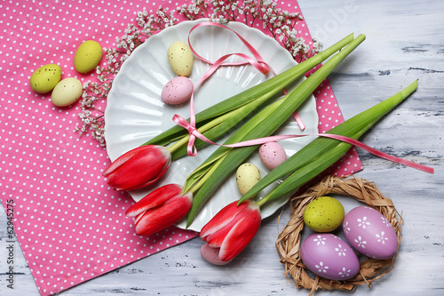 Fototapeta Naklejka Na Ścianę i Meble -  Easter table setting with tulips and eggs