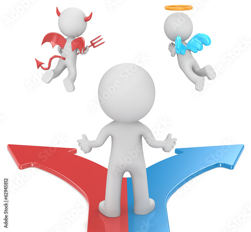 The Dude in front of 2 way road with Angel and Devil.