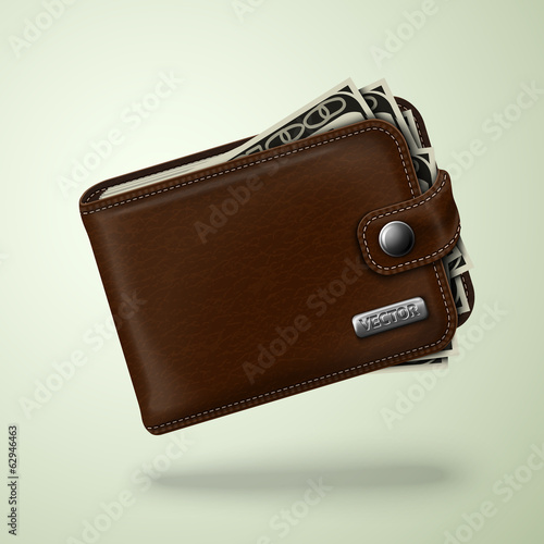 Classic brown leather wallet with banknotes