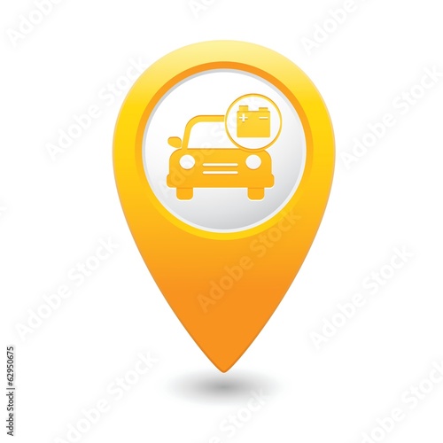 Car service. Car with accumulator icon on map pointer