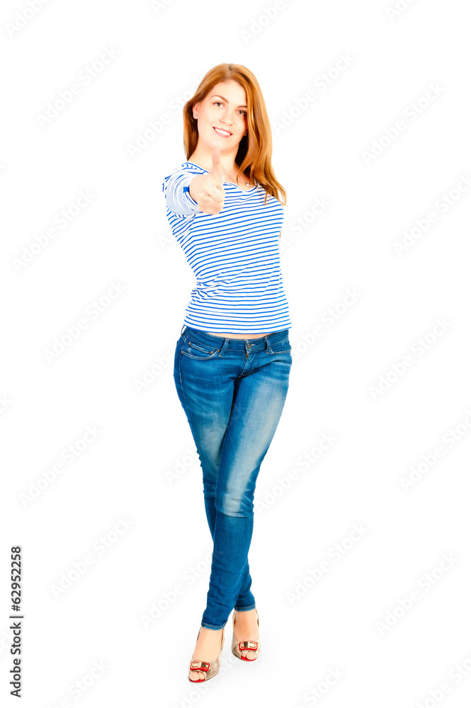 Smiling girl shows class on a white background Smiling girl shows class on a white background