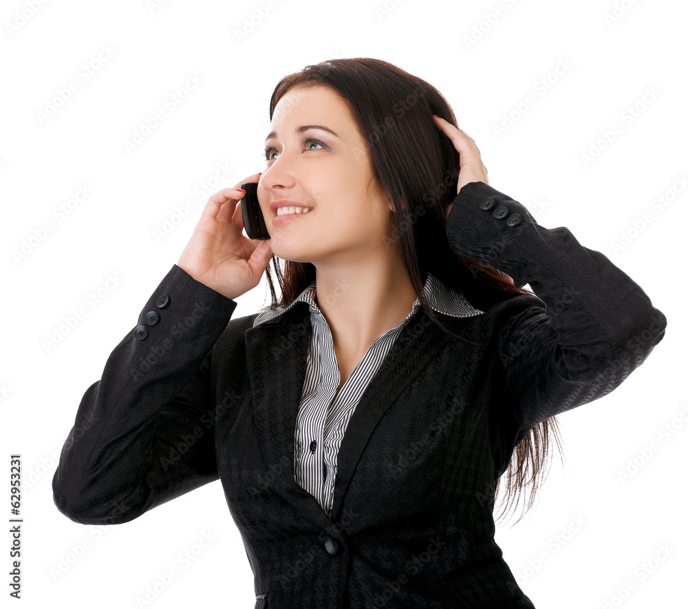 Portrait of smiling business woman phone talking. Portrait of smiling business woman phone talking.