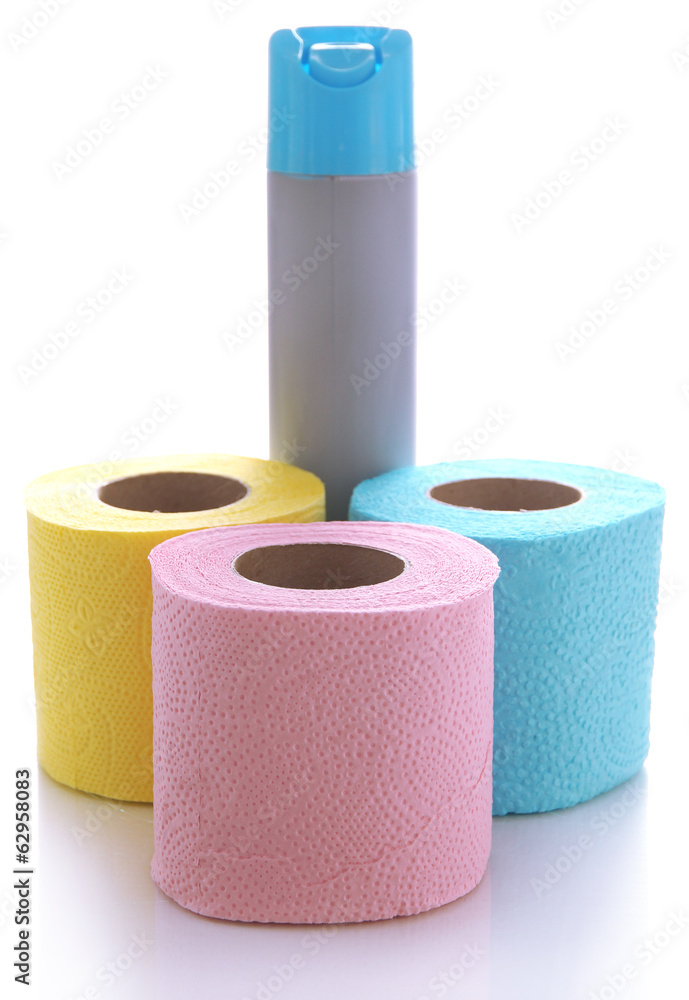 Colorful toilet paper rolls and air fresher, isolated on white Colorful toilet paper rolls and air fresher, isolated on white