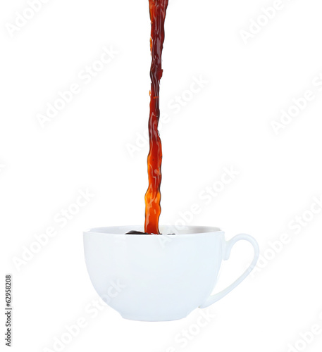Pour coffee into cup, isolated on white