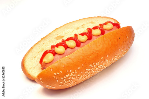 hot dog with tomato ketchup and mustard