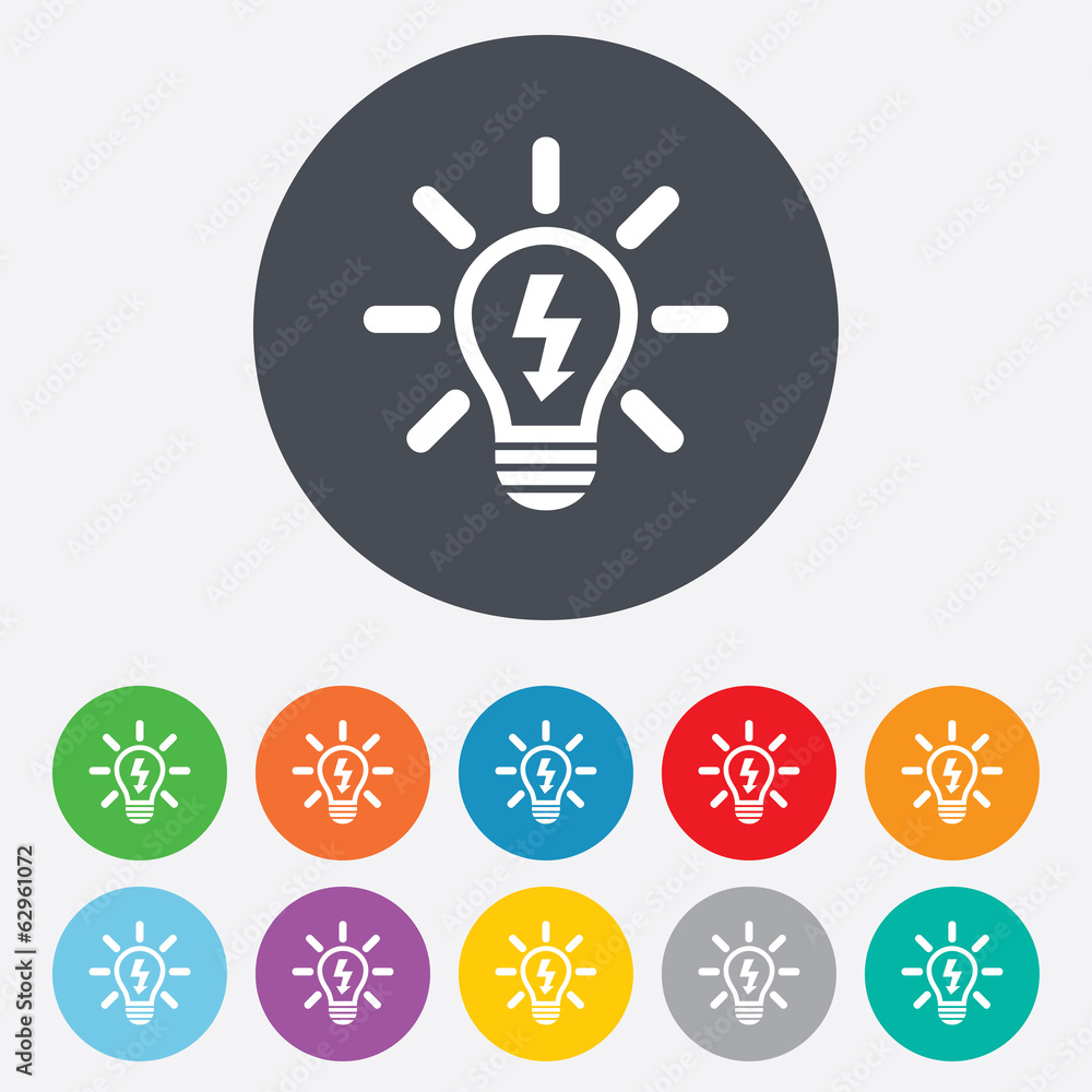 Light lamp sign icon. Bulb with lightning symbol Light lamp sign icon. Bulb with lightning symbol
