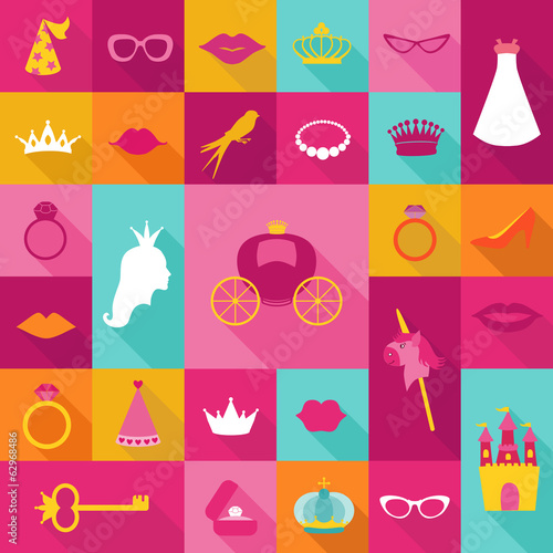Priness Flat Icons Set - crown, lips, rings, hats - in vector