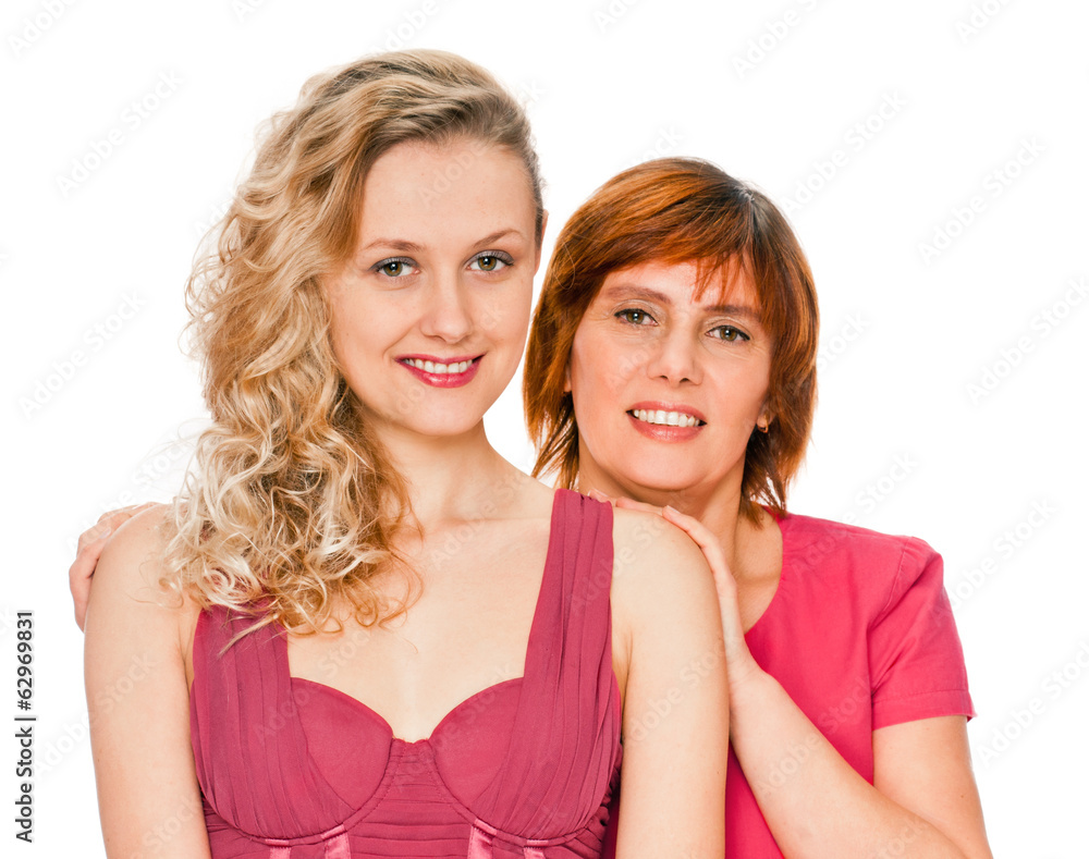 portrait of happy daughter and mother on white portrait of happy daughter and mother on white
