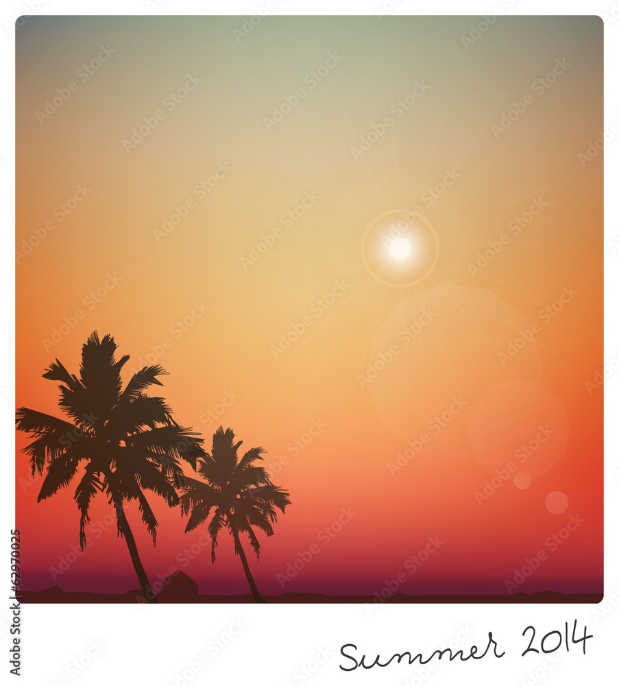 Summer day background with palm tree. 
