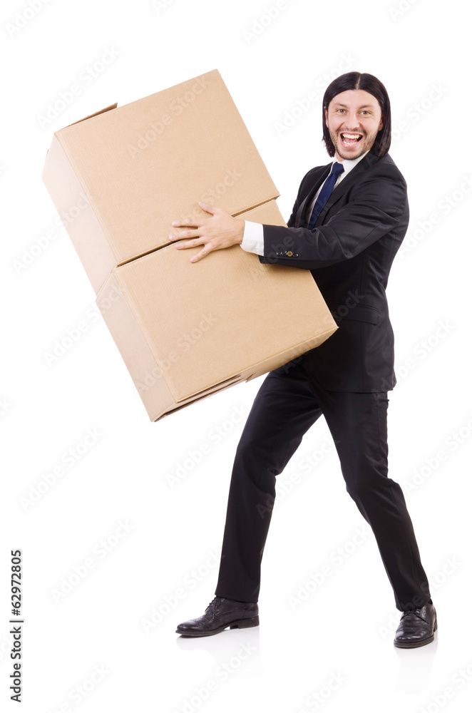 Funny man with boxes on white Funny man with boxes on white