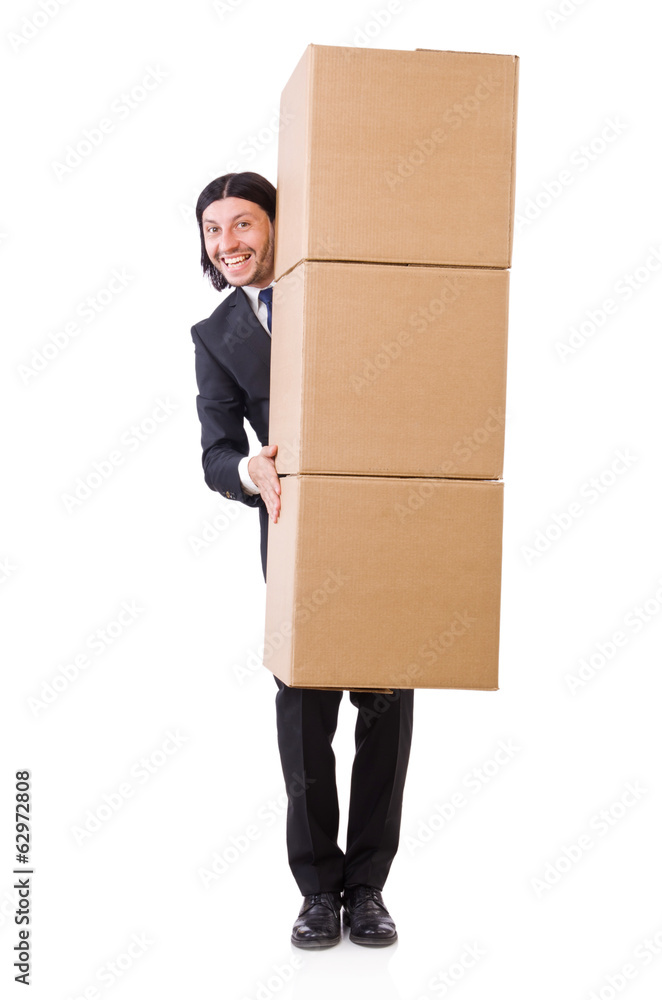 Funny man with boxes on white Funny man with boxes on white