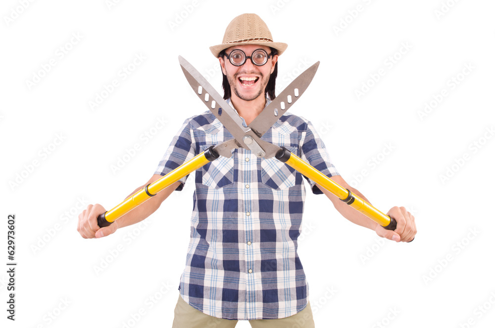 Funny guy with garden shears on white Funny guy with garden shears on white