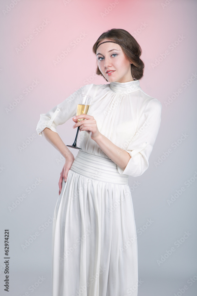 Retro style portrait of beautiful woman with wineglass Retro style portrait of beautiful woman with wineglass