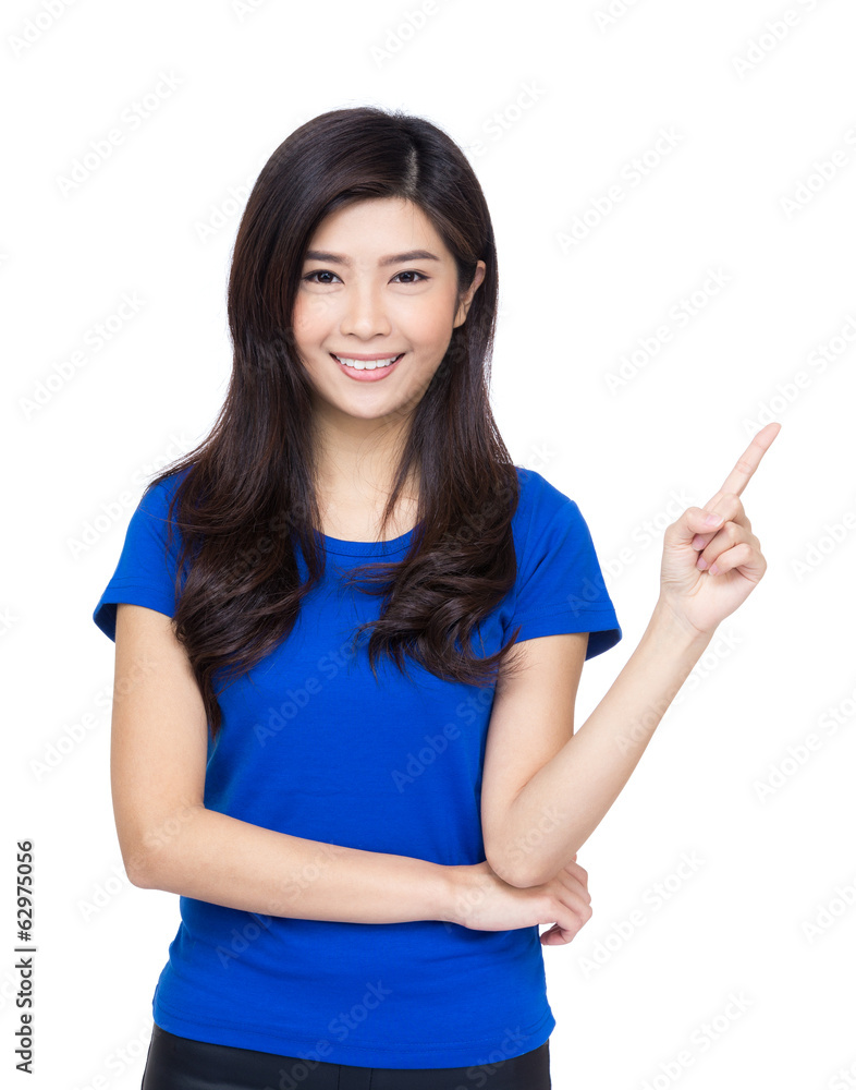 Asia woman pointing up with her finger Asia woman pointing up with her finger