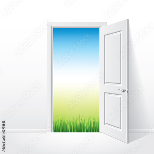 Opened white door and nature vector illustration