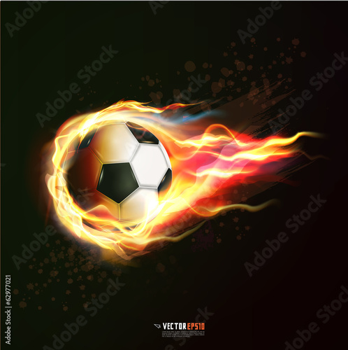 Brazil flag with flying soccer ball on fire  vector illustration