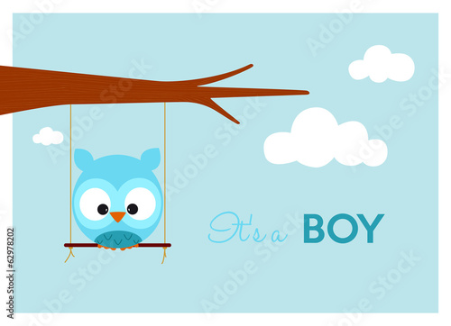 baby shower card with cute owl on a swing hanging to the branch