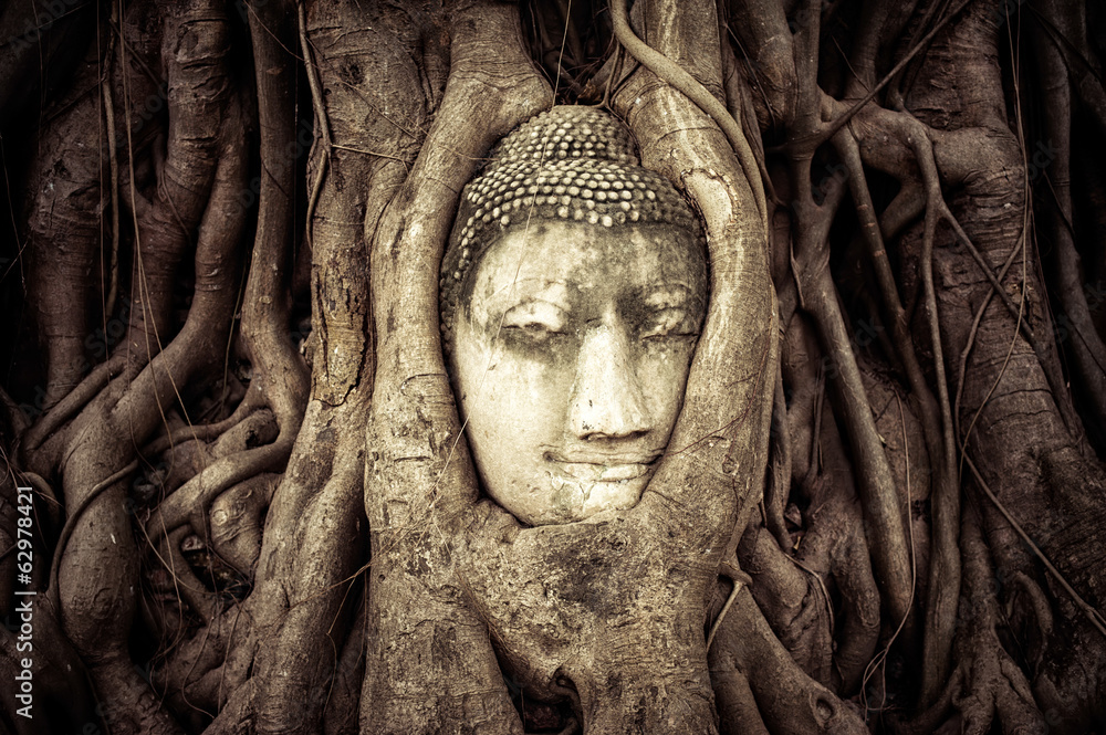Buddha Head in the tree roots. Wat Mahathat. Ayutthaya, Thailand