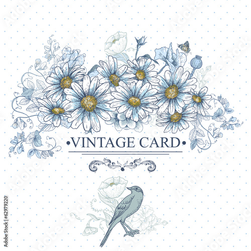 Fototapeta Naklejka Na Ścianę i Meble -  Vintage Floral Card with Birds and Daisies