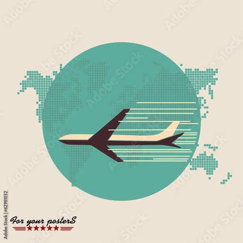 Airliner on world map background, retro poster. Flat  design